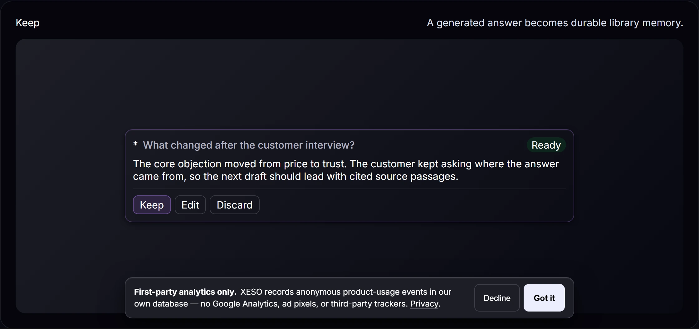 Keep: Turn a good answer into durable memory. — product screenshot