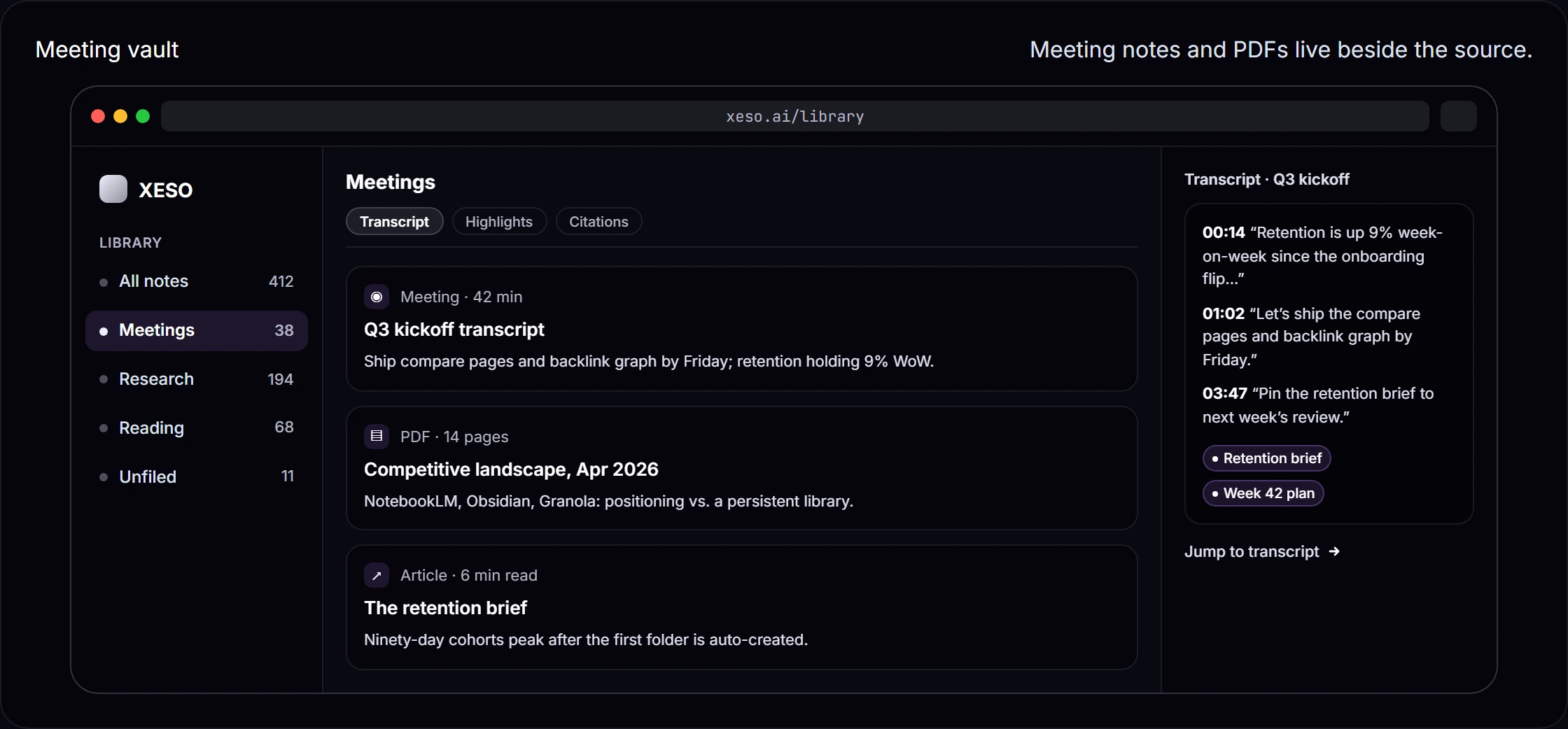 Library: One library. Notes, papers, meetings, the lot. — product screenshot
